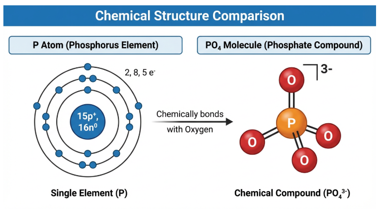 Chemical Structure Comparison between Phosphorus Atom (P) and Phosphate Molecule (PO4)