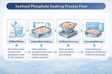 Seafood phosphate soaking process flow to reduce drip loss.